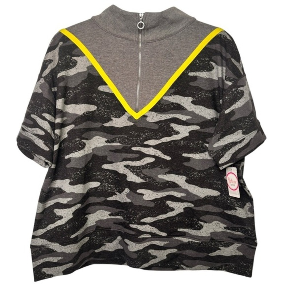 NWT Camo Quarter Zip Short Sleeve Pullover Gray Neon Flirtitude Active Womens Lg